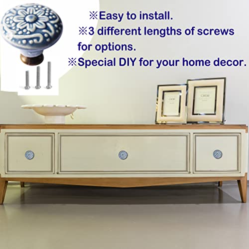Perphin 1-2/5 inch Ceramic Kitchen Cabinet Knobs for Drawer Dresser Pulls Round Dresser Drawer Handles and Pulls for Home Furniture Decor Ceramic Handles with 3 Size Screws (10, Blue) - Image 2