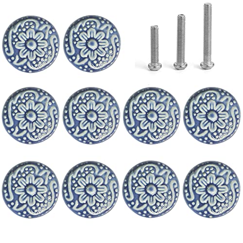 Perphin 1-2/5 inch Ceramic Kitchen Cabinet Knobs for Drawer Dresser Pulls Round Dresser Drawer Handles and Pulls for Home Furniture Decor Ceramic Handles with 3 Size Screws (10, Blue) - Image 3