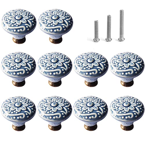 Perphin 1-2/5 inch Ceramic Kitchen Cabinet Knobs for Drawer Dresser Pulls Round Dresser Drawer Handles and Pulls for Home Furniture Decor Ceramic Handles with 3 Size Screws (10, Blue) - Image 1