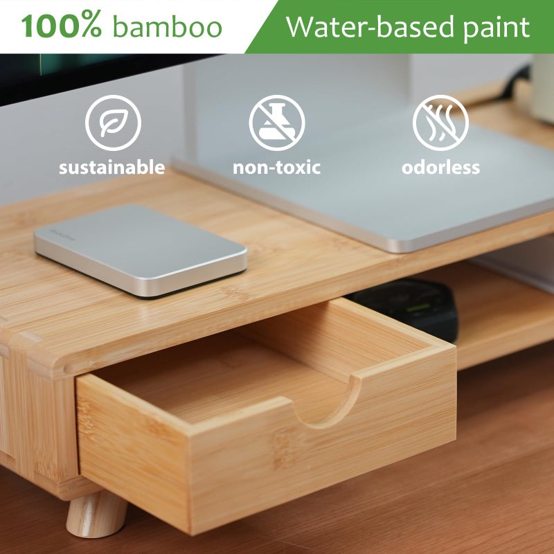 ROCDEER Bamboo Monitor Stand Riser with Drawer, Ergonomic Computer Riser for Desk with Cable Management & Storage Organizer, Wood Monitor Stand for Home Office - Image 2