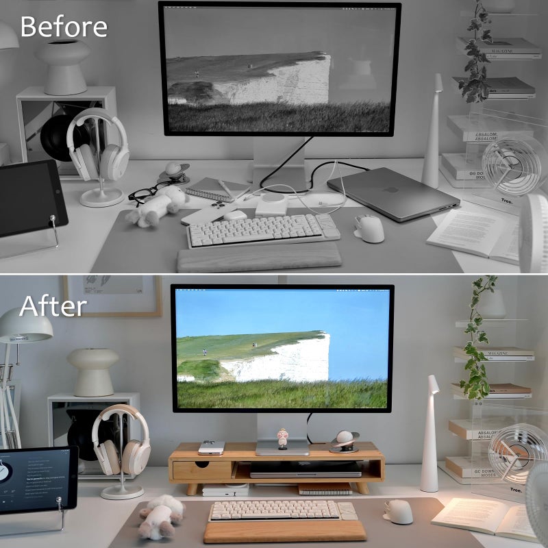 ROCDEER Bamboo Monitor Stand Riser with Drawer, Ergonomic Computer Riser for Desk with Cable Management & Storage Organizer, Wood Monitor Stand for Home Office - Image 3