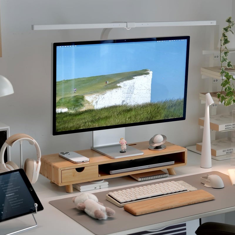 ROCDEER Bamboo Monitor Stand Riser with Drawer, Ergonomic Computer Riser for Desk with Cable Management & Storage Organizer, Wood Monitor Stand for Home Office - Image 1