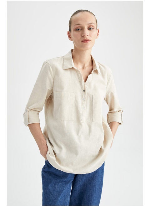 Woman Regular Fit Shirt Neck Long Sleeve Woven Long Sleeve Shirt