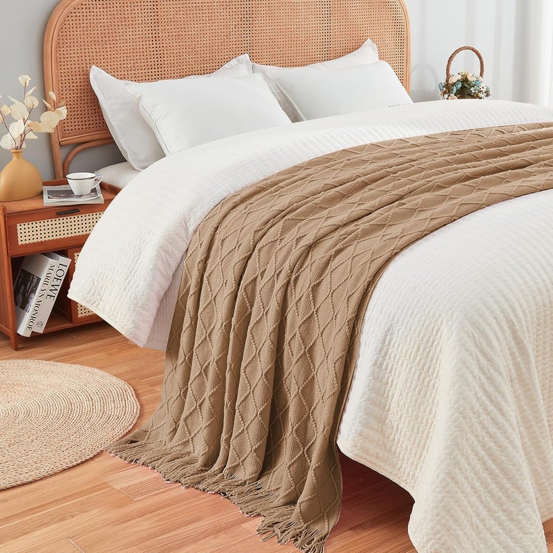 inhand Knitted Throw Blankets for Couch and Bed, Soft Cozy Knit Blanket with Tassel, Khaki Lightweight Decorative Blankets and Throws, Farmhouse Warm Woven Blanket for Men and Women, 60"x80" - Image 3