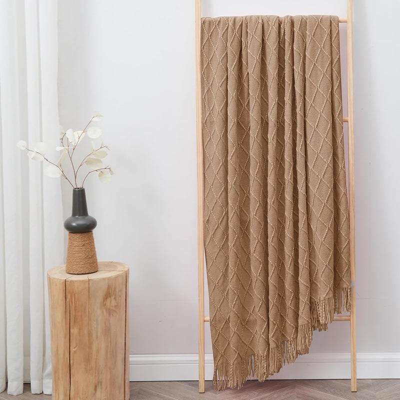 inhand Knitted Throw Blankets for Couch and Bed, Soft Cozy Knit Blanket with Tassel, Khaki Lightweight Decorative Blankets and Throws, Farmhouse Warm Woven Blanket for Men and Women, 60"x80" - Image 5