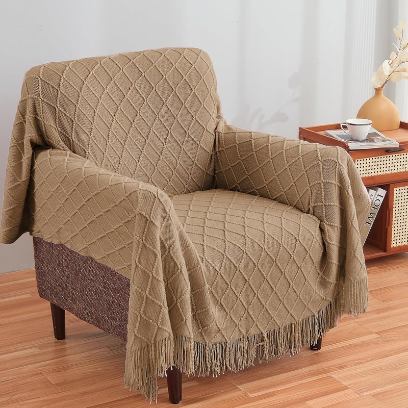 inhand Knitted Throw Blankets for Couch and Bed, Soft Cozy Knit Blanket with Tassel, Khaki Lightweight Decorative Blankets and Throws, Farmhouse Warm Woven Blanket for Men and Women, 60"x80" - Image 4