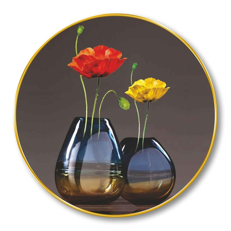 SAF Modern Floral Vase Round Wall Painting – Elegant Red & Yellow Flower Art in Golden Frame | Contemporary Decorative Artwork for Living Room, Bedroom, Office, Café (16 X 16 Inch) GRM-279 - Image 4