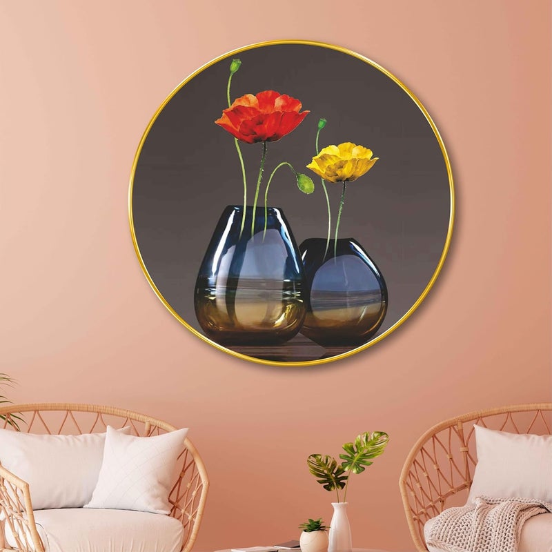 SAF Modern Floral Vase Round Wall Painting – Elegant Red & Yellow Flower Art in Golden Frame | Contemporary Decorative Artwork for Living Room, Bedroom, Office, Café (16 X 16 Inch) GRM-279 - Image 2
