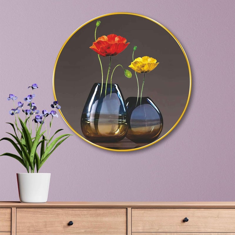 SAF Modern Floral Vase Round Wall Painting – Elegant Red & Yellow Flower Art in Golden Frame | Contemporary Decorative Artwork for Living Room, Bedroom, Office, Café (16 X 16 Inch) GRM-279 - Image 1