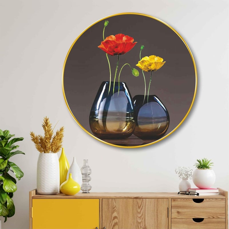 SAF Modern Floral Vase Round Wall Painting – Elegant Red & Yellow Flower Art in Golden Frame | Contemporary Decorative Artwork for Living Room, Bedroom, Office, Café (16 X 16 Inch) GRM-279 - Image 3