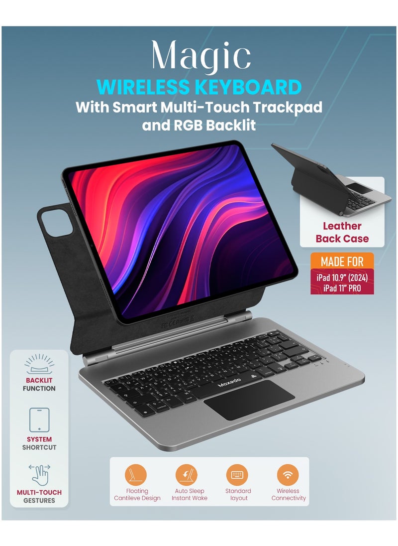 Moxedo - Moxedo Magic Wireless Keyboard with Smart Multi-Touch Trackpad USB-C Charging Port RGB Backlight with Leather Back Case Compatible for iPad 11 Pro 2024 - Image 1