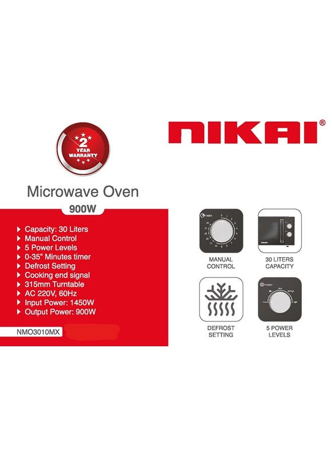 NIKAI 30 Liter Microwave Oven, 5 Power Levels including Defrost, 900 Watts, 35 Mins Cooking Timer, Pull Handle Door, Manual 30 L 900 W NMO3010MX Black - Image 3