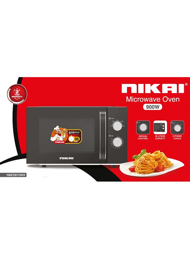 NIKAI 30 Liter Microwave Oven, 5 Power Levels including Defrost, 900 Watts, 35 Mins Cooking Timer, Pull Handle Door, Manual 30 L 900 W NMO3010MX Black - Image 2