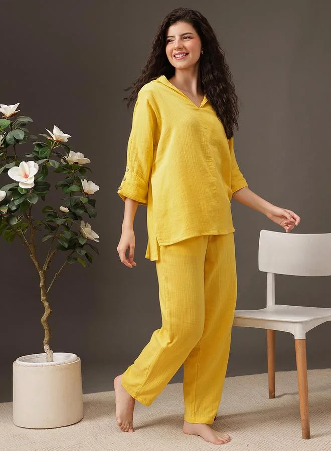كلوفيا Yellow Textured Button Details Top and Pants Pyjama Set