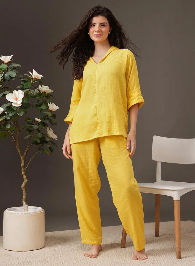 كلوفيا Yellow Textured Button Details Top and Pants Pyjama Set