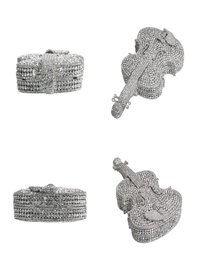 Tngan Women Mini Violin Evening Bag Sparkling Rhinestones Clutch Wedding Party Banquet Purse, Silver - Image 5