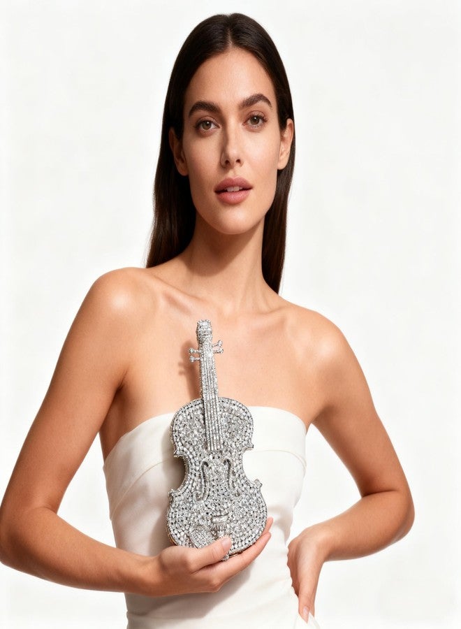 Tngan Women Mini Violin Evening Bag Sparkling Rhinestones Clutch Wedding Party Banquet Purse, Silver - Image 2