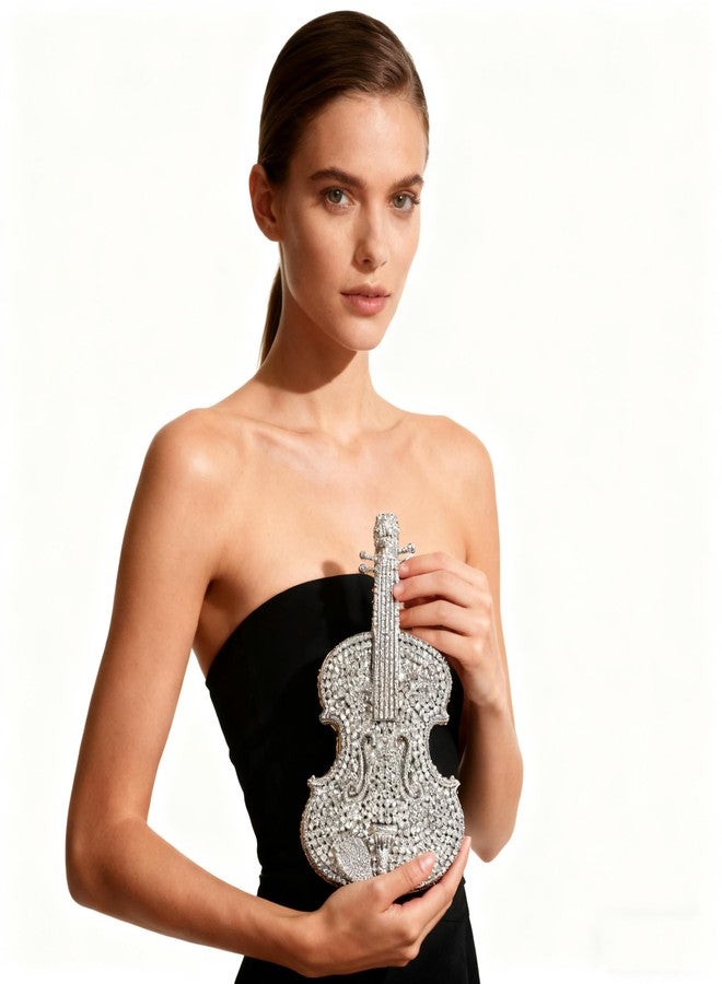 Tngan Women Mini Violin Evening Bag Sparkling Rhinestones Clutch Wedding Party Banquet Purse, Silver - Image 3