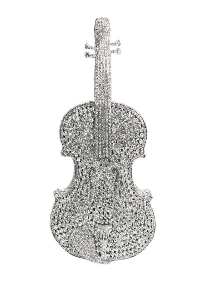 Tngan Women Mini Violin Evening Bag Sparkling Rhinestones Clutch Wedding Party Banquet Purse, Silver - Image 1
