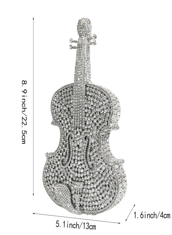 Tngan Women Mini Violin Evening Bag Sparkling Rhinestones Clutch Wedding Party Banquet Purse, Silver - Image 4