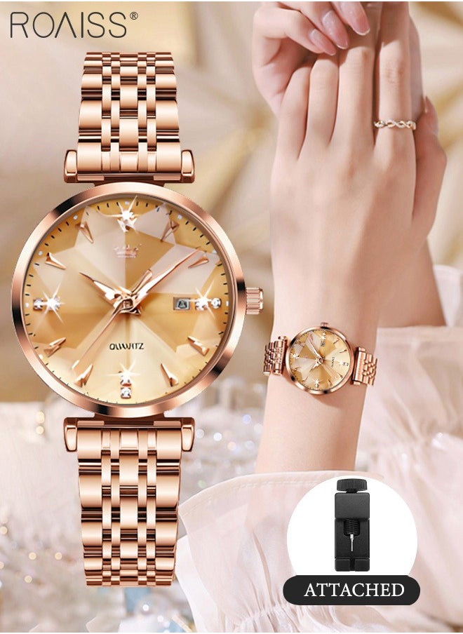roaiss - Women's Steel Strap Quartz Watch Analog Display Round Gold Dial with Diamond Cut Mirror Waterproof Luminous Wristwatch as Gift for Ladies - Image 1