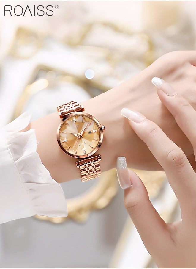 roaiss - Women's Steel Strap Quartz Watch Analog Display Round Gold Dial with Diamond Cut Mirror Waterproof Luminous Wristwatch as Gift for Ladies - Image 1