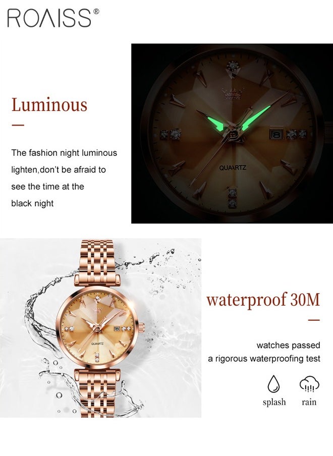 roaiss - Women's Steel Strap Quartz Watch Analog Display Round Gold Dial with Diamond Cut Mirror Waterproof Luminous Wristwatch as Gift for Ladies - Image 1