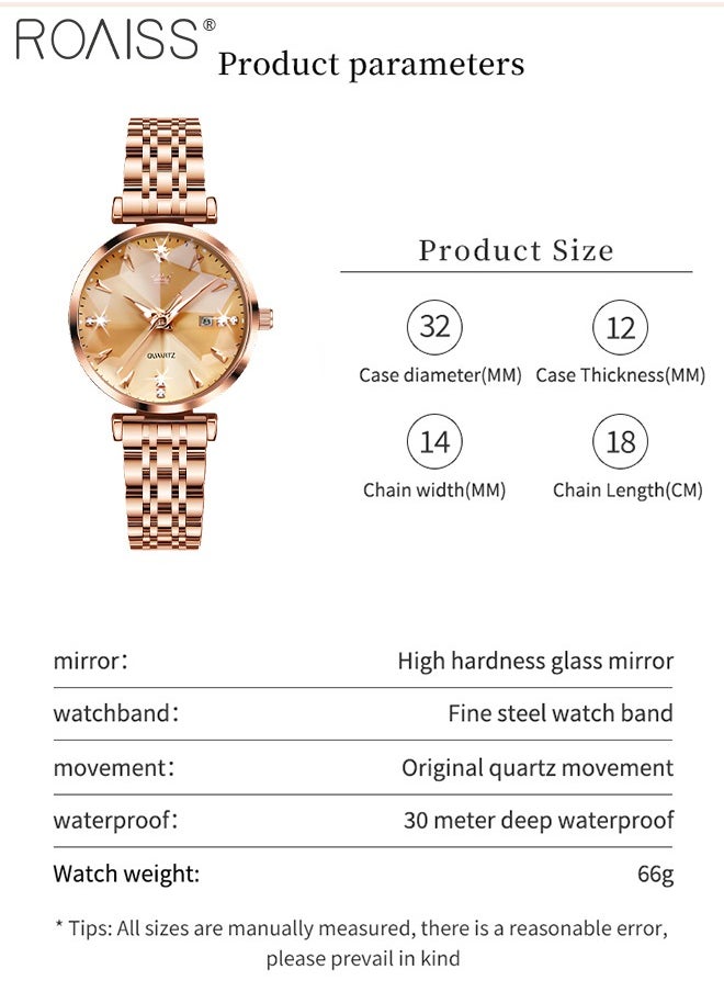roaiss - Women's Steel Strap Quartz Watch Analog Display Round Gold Dial with Diamond Cut Mirror Waterproof Luminous Wristwatch as Gift for Ladies - Image 1