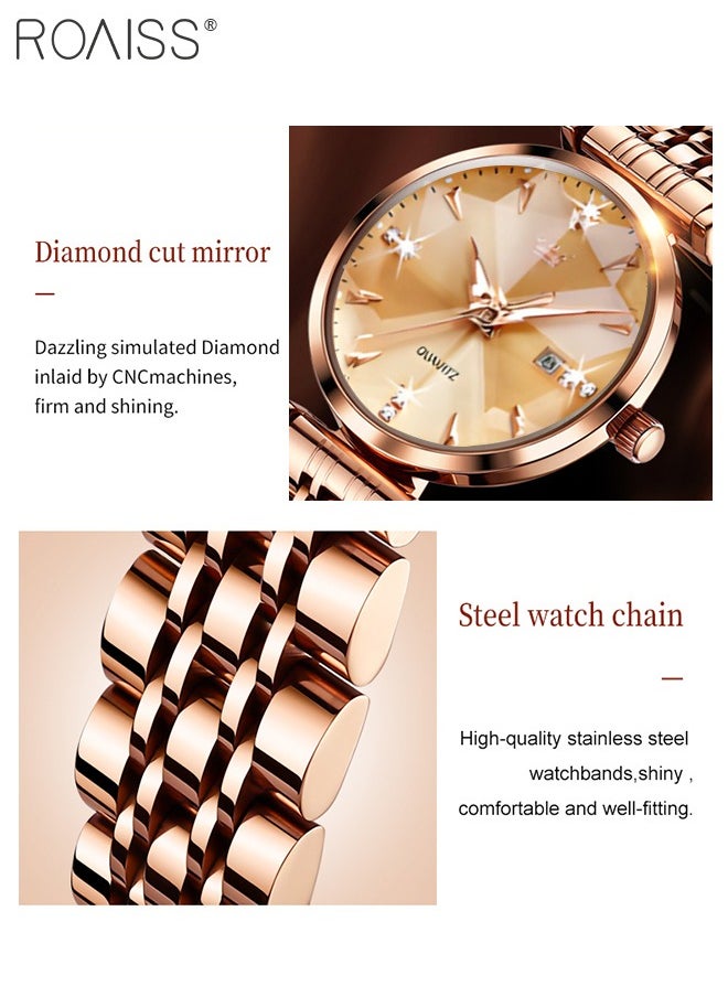 roaiss - Women's Steel Strap Quartz Watch Analog Display Round Gold Dial with Diamond Cut Mirror Waterproof Luminous Wristwatch as Gift for Ladies - Image 1