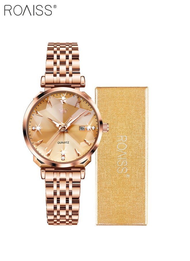 roaiss - Women's Steel Strap Quartz Watch Analog Display Round Gold Dial with Diamond Cut Mirror Waterproof Luminous Wristwatch as Gift for Ladies - Image 1