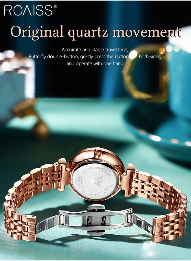 roaiss - Women's Steel Strap Quartz Watch Analog Display Round Gold Dial with Diamond Cut Mirror Waterproof Luminous Wristwatch as Gift for Ladies - Image 1