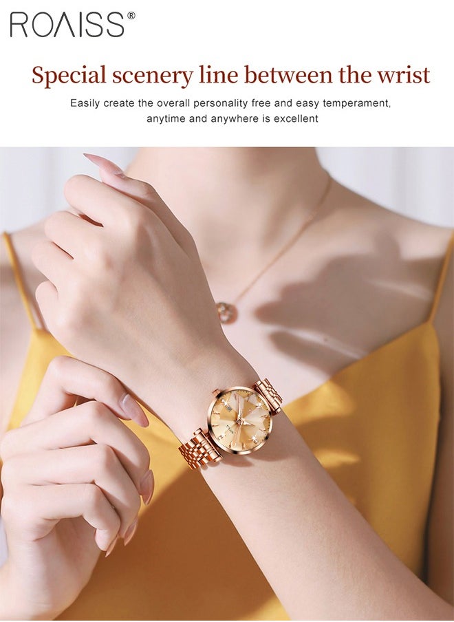 roaiss - Women's Steel Strap Quartz Watch Analog Display Round Gold Dial with Diamond Cut Mirror Waterproof Luminous Wristwatch as Gift for Ladies - Image 1