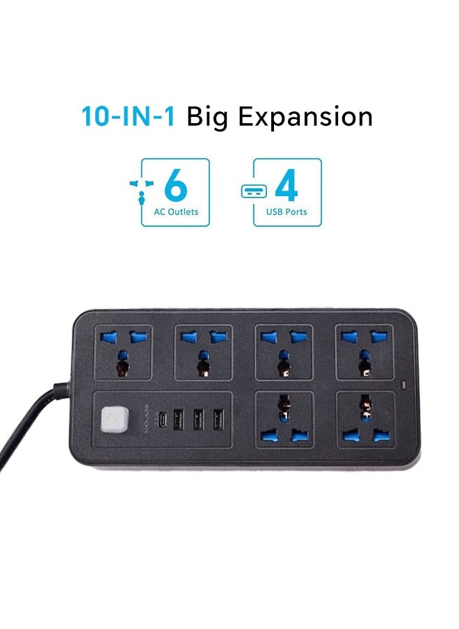 ماركة غير محددة - سلك تمديد شرائح الطاقة 6 منافذ، مقبس طاقة مع 3 منافذ USB 1 شاحن محسلك تمديد شرائح الطاقة 6 منافذ، مقبس طاقة مع 3 منافذ USB 1 شاحن محمول من النوع C مقبس شحن عالمي مع سلك تمديد جريء 1.8 مترمول من النوع - Image 1