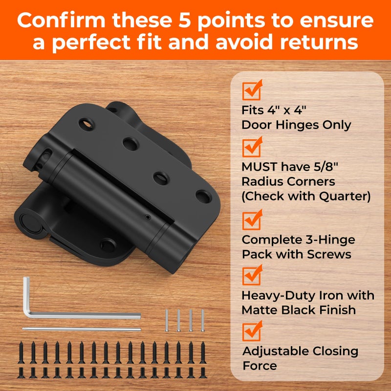 Haidms 3 Pack Self Closing Door Hinges 4 Inch Black Spring Hinge with 5/8" Radius Corner Adjustable Tension for Residential & Heavy-Duty Door Hardware - Image 3