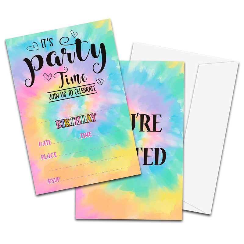 Lesixur Invitation Cards Tie Dye Birthday Party Invites Card for Girl Boy 20 Cards With Envelopes set INb001