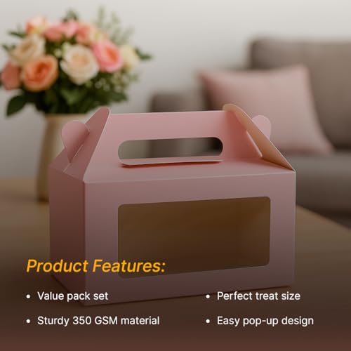 Mudrit 20-Pack Pink Party Favor Treat Boxes, Gable Gift boxes with Handles for snacks, cookies, goodies, muffins, 2 jars, candies - Image 2