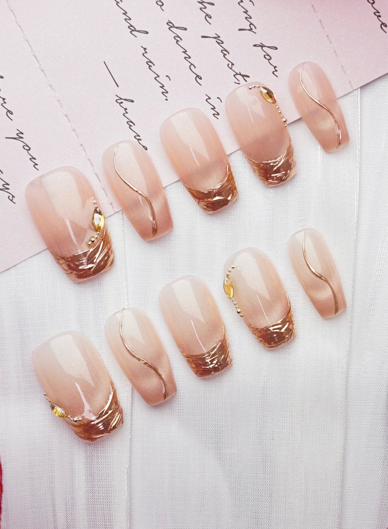 Artist Design/3D Rose Gold (Handmade)/Press On nails/Luxury Hand Painted/Medium Coffin/10 PCS/L Size - Image 1