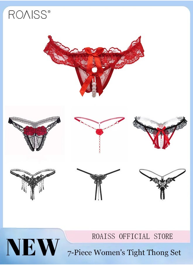 roaiss 7 Pieces Women's Underwear Fashion T-Pants Fashion Hollow G-String Lace Opening Low Waisted Thong  - Image 1
