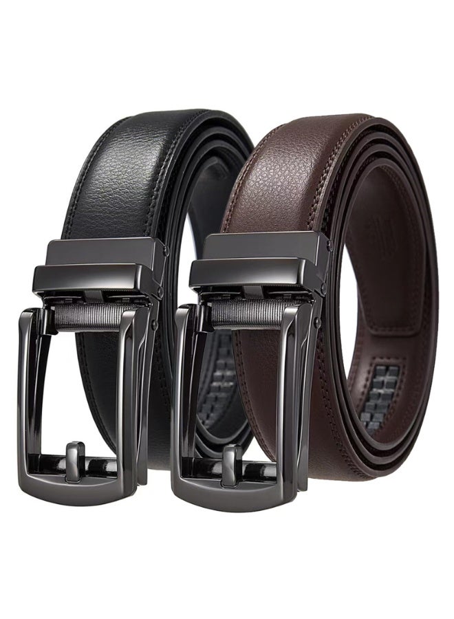 Men's Leather Ratchet Belt Set, Automatic Buckle, Black & Brown, 120 x 3 cm, 2-Pack - Image 1