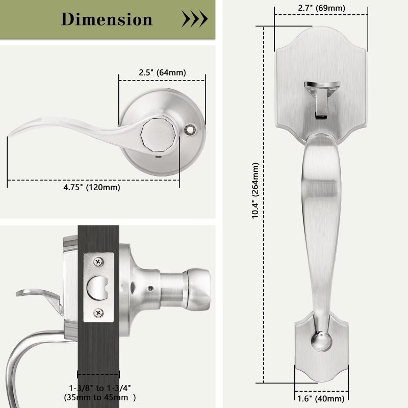 Tinewa Keyless Passage Lock Grip Handle With Wave Lever, Low Profile Front Lock Handleset With Halifax Satin Nickel Finish, Interior And Exterior Entrance Passage Lock - Image 4