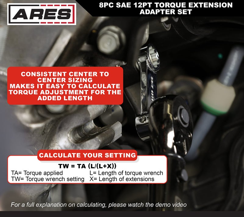 ARES 43035 â€“ 8-Piece SAE 12-Point Box End Torque Adapter Extension Set â€“ 3/8-Inch Drive - 2-Inch Extensions for Torquing in Hard to Reach Places â€“ Chrome Vanadium Steel Construction â€“ EVA Foam Tray - Image 4