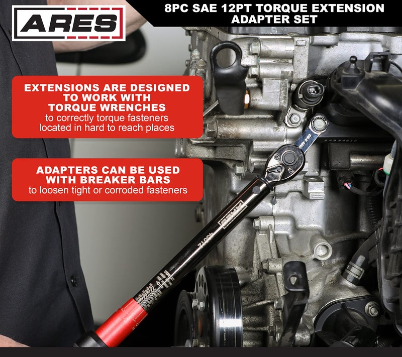 ARES 43035 â€“ 8-Piece SAE 12-Point Box End Torque Adapter Extension Set â€“ 3/8-Inch Drive - 2-Inch Extensions for Torquing in Hard to Reach Places â€“ Chrome Vanadium Steel Construction â€“ EVA Foam Tray - Image 5