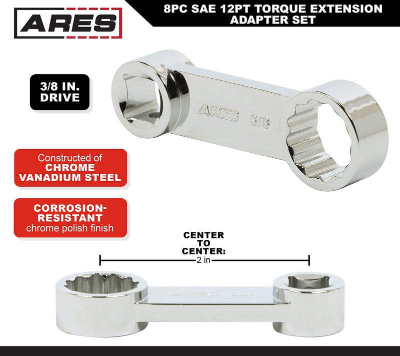 ARES 43035 â€“ 8-Piece SAE 12-Point Box End Torque Adapter Extension Set â€“ 3/8-Inch Drive - 2-Inch Extensions for Torquing in Hard to Reach Places â€“ Chrome Vanadium Steel Construction â€“ EVA Foam Tray - Image 3
