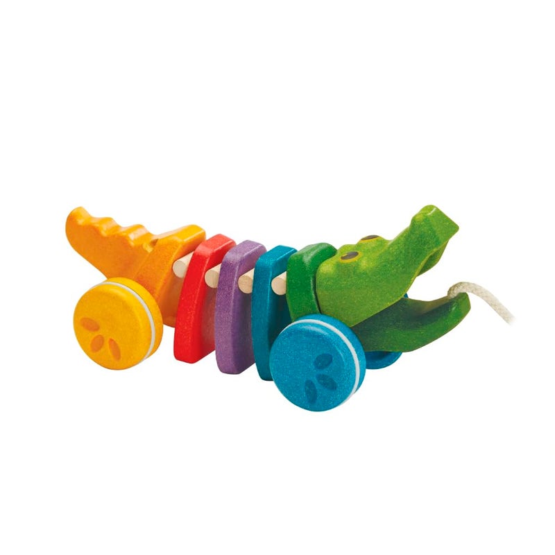 PlanToys Dancing Alligator Push & Pull Toy - Sustainably Made from Rubberwood, Makes Click-Clack Sounds and Dancing Movements when Pulled (Rainbow) - Image 1