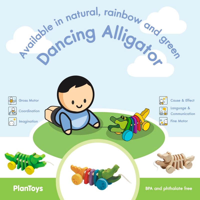 PlanToys Dancing Alligator Push & Pull Toy - Sustainably Made from Rubberwood, Makes Click-Clack Sounds and Dancing Movements when Pulled (Rainbow) - Image 5