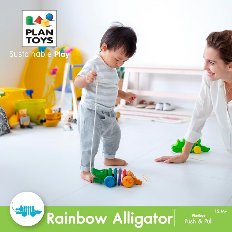PlanToys Dancing Alligator Push & Pull Toy - Sustainably Made from Rubberwood, Makes Click-Clack Sounds and Dancing Movements when Pulled (Rainbow) - Image 3