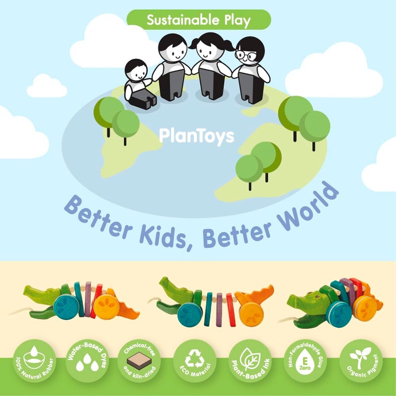PlanToys Dancing Alligator Push & Pull Toy - Sustainably Made from Rubberwood, Makes Click-Clack Sounds and Dancing Movements when Pulled (Rainbow) - Image 2