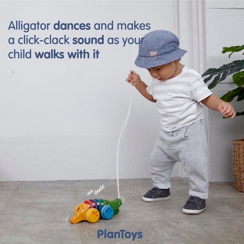 PlanToys Dancing Alligator Push & Pull Toy - Sustainably Made from Rubberwood, Makes Click-Clack Sounds and Dancing Movements when Pulled (Rainbow) - Image 4