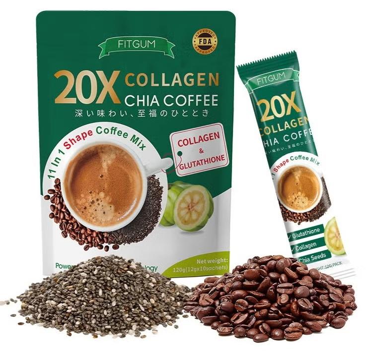 FITGUM 20X Collagen Chia Coffee – Glutathione, L-Carnitine & Multivitamin Blend with Vitamin C, Biotin & Antioxidants – Detox Collagen Coffee with Chia Seeds – 10 Sachets | Best Price UAE