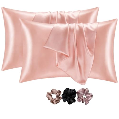 Go well Satin Silk Pillow Covers Pack of 2 for Hair and Skin-with Satin Scrunchies for Women Stylish|Satin Pillow Cover for Hair and Skin |scrunchies for Women 3-Piece|Silk Pillow case (Coral) 600TC - Image 1